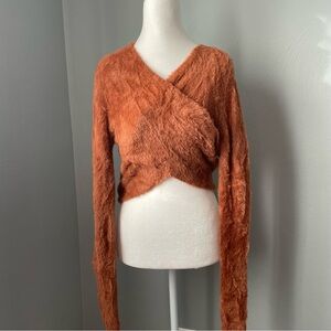 Elodie Pumpkin Spice Burnt Orange Eyelash Knit Wrap Front Crop Top